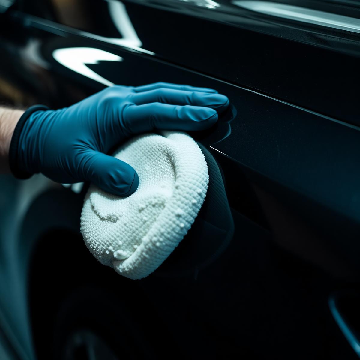 Detailer hand-polishing a black panel